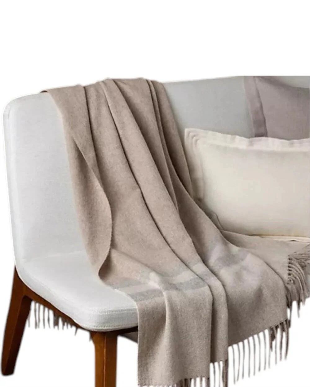 Alicia Adams Alpaca Wool Blend  Fringe Throw Blanket Striped Oatmeal Taupe 54X64